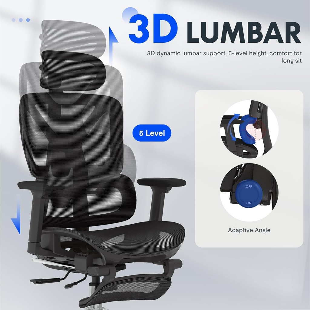 SILLA DE OFICINA ERGONÓMICA DE ALTA CALIDAD CON REPOSAPIÉS, REPOSABRAZOS 3D AJUSTABLES